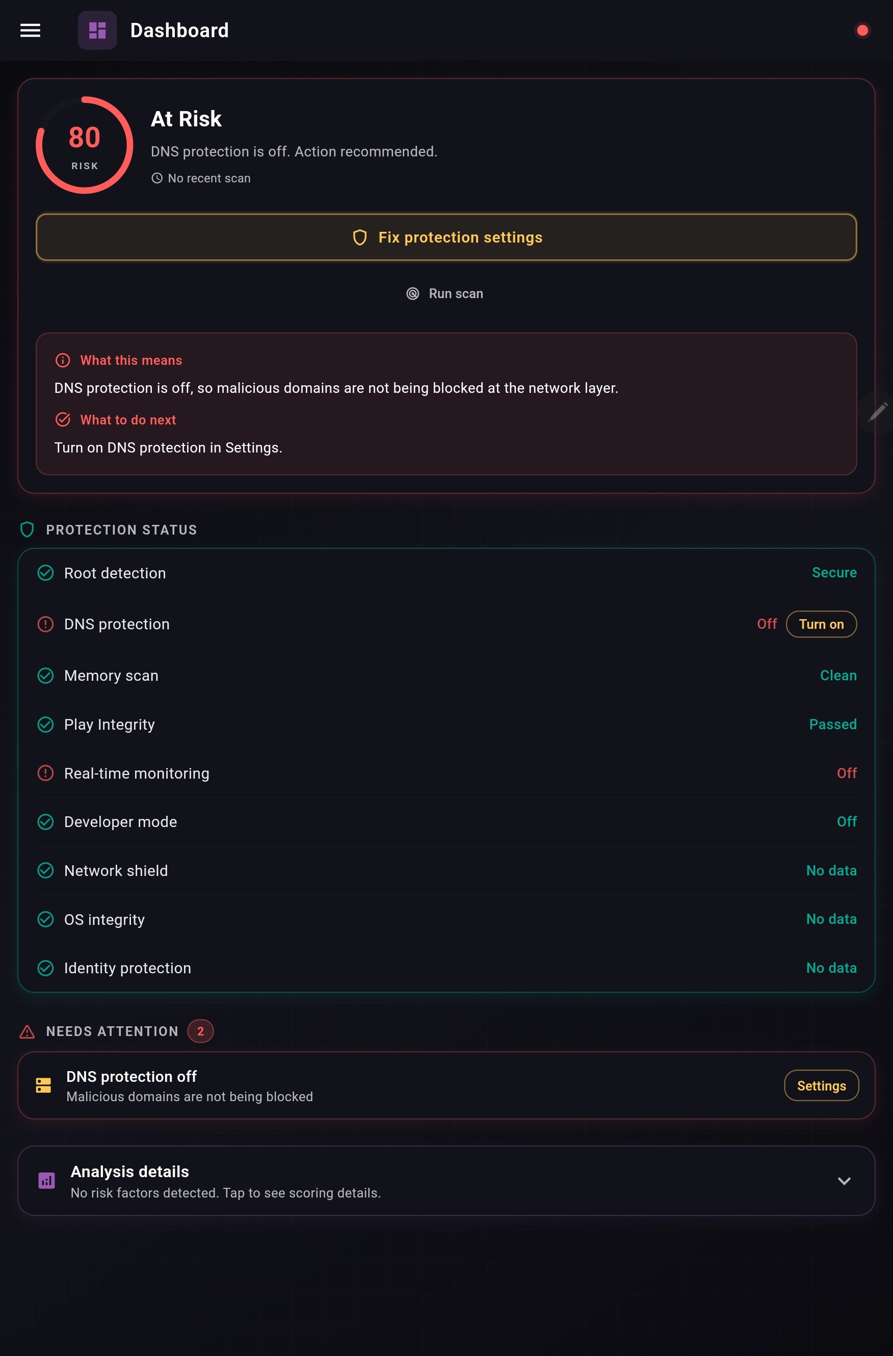 Cyber Guardian dashboard showing protection status and risk score