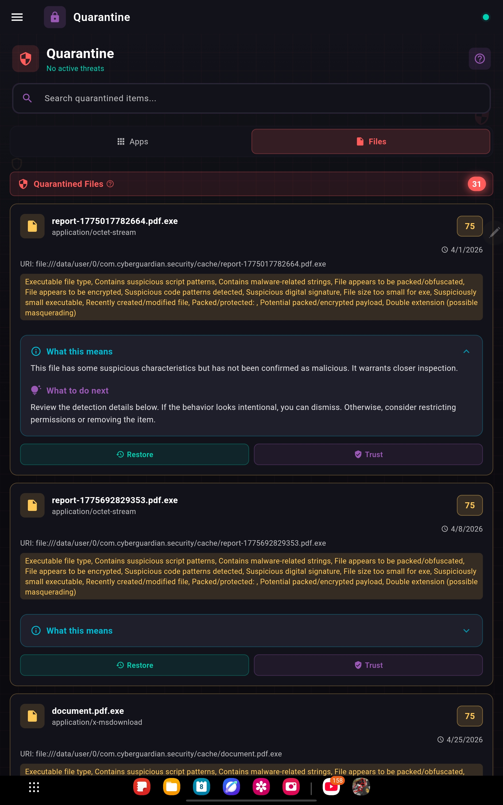 Quarantined files with full forensic context